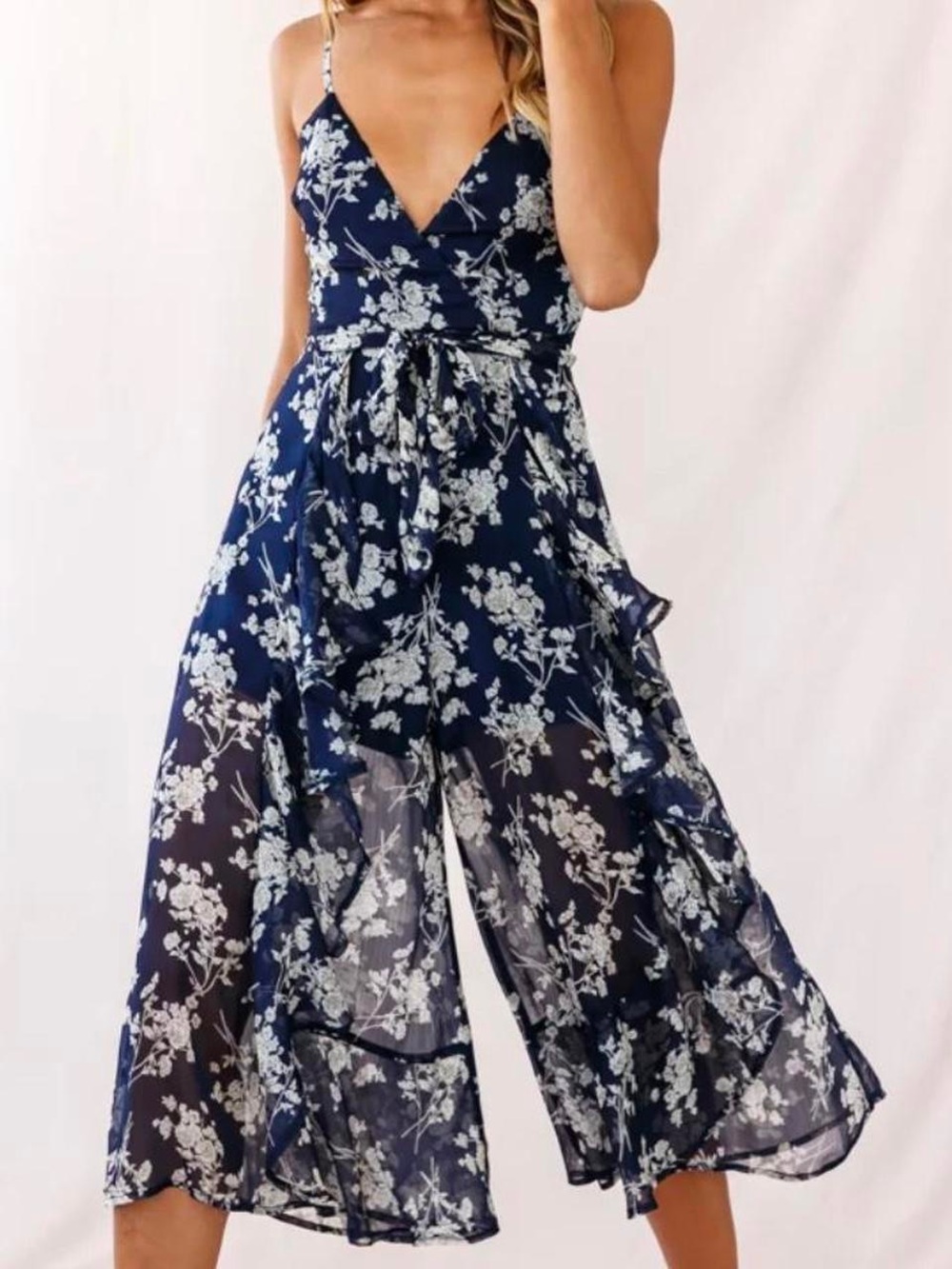 Floral Navy and White Wrap Jumpsuit